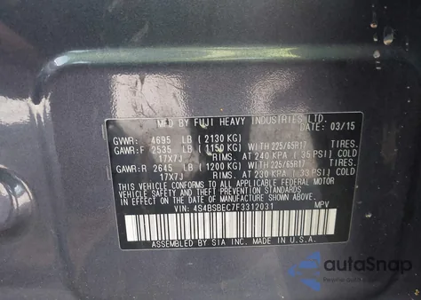 2015 Subaru Outback 2.5I Premium from USA, damaged, VIN 4S4BSBEC7F3312031